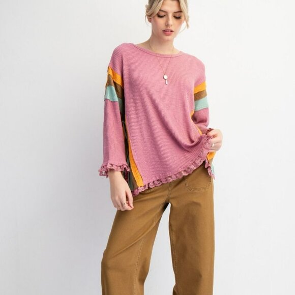 NWT Easel Color Block Rib Knit Top With Lace Bottom Hem In Lipstick Pink Plus & - Picture 5 of 5